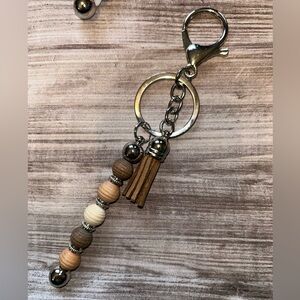 Wooden Bead Keychain with Silver Accents